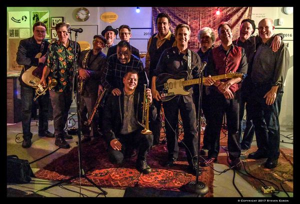 The mighty A Team Big Band at its CD Release for Swinging at Sunset and benefit for Health Access Sumbawa, Inc.
L to R: Marc Hickox, Don Anderson, Jayo Wharton, Peter Parcek, Jeff Garmel, David Fuller, John McGovern, Brian Templeton, JM, Paul Wolf, Ed Scheer, Scott Shreve, Bob Cooper.