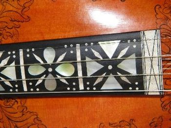 A close-up view of the mother-of-pearl inlay and "rosing" (decorative black ink painting) on the Hardanger fiddle. It is also possible to see the sympathetic strings that lay underneath the regular strings (look on the right side of the photo)