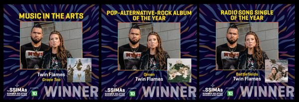 OTTAWA, ON, June 12, 2021 - The Summer Solstice Indigenous Festival (SSIF) announced The SSIMAs winners! Twin Flames walked away with three SSIMAs: Battlefields won for Radio Song Single of the Year, Omen for Pop/Alternative Rock Album and the duo topped in the Music in the Arts category for their cover song of the Tragically Hip's Grace Too.