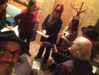 Back stage making show plans with Deni Gauthier, Jenny Whitely, Linda McRae, Allison Brown, Rick Taylor and David Essig.