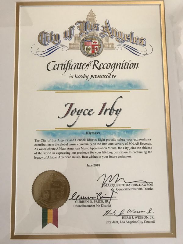 City of Los Angeles honored Dick Griffey, Solar Records and artists on the label like Klymaxx, Shalamar, etc.