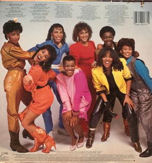 Back cover of Klymaxx 2nd album "Girls Will Be Girls" The last album with 8 members.