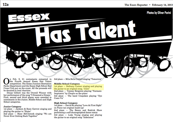 2013 - The Essex Reporter -
Bethany Wins First Place in Essex Has Talent Middle School Category