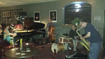 Lara Driscoll Trio at The Iron Post, Lara Driscoll (piano), Larry Gray (bass), Joel Spencer (drums), Chip McNeill (saxophone), Laurie Soloman (photo) 7/14/16