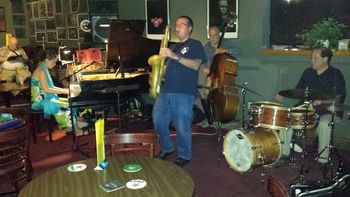 Lara Driscoll Trio at The Iron Post, Lara Driscoll (piano), Larry Gray (bass), Joel Spencer (drums), Chip McNeill (saxophone), Laurie Soloman (photo) 7/14/16