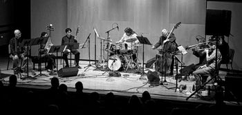 Burning Bridge, Magic Triangle, Amherst, MA, 4/30/15, L to R: Jason, Wang Guowei, Sun Li, Andrew Drury, Ken Filiano, Joe Daley, Steve Swell, Taylor Ho Bynum - photo by Rob Miller