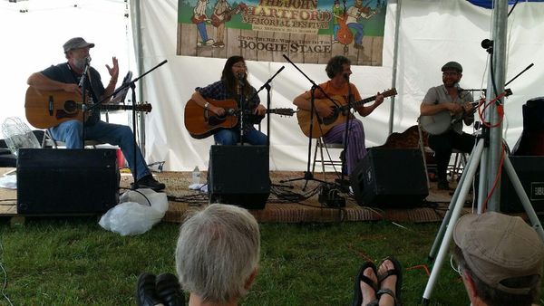 Story Songs, John Hartford Memorial Festival, 2016, Bill Monroe Music and Camping Park, Bean Blossom, IN
L to R Ernie Hill, Wil Maring, Colin O'Brien and Old Man Luedecke