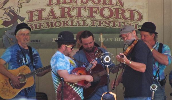 The John Hartford Memorial Festival Volunteer Jug Band. Each year this group of core planners kick the fest off with laid back fun! From left to right, John Hotze, Danny Hootenanny Clark, Jon Griffin, me and Tom Burkhart.