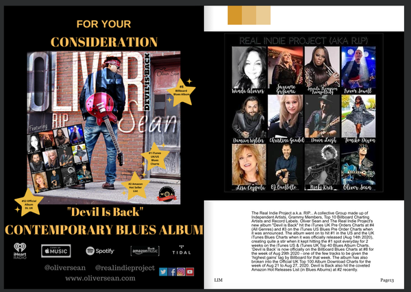 Top 10 Billboard Charting Artist, iTunes UK Pre Order Charts at #4 (All Genres) and #3 on the iTunes US Blues Pre Order Charts when it was announced. The album went on to hit #1 in the US and the UK iTunes Blues Charts (Aug 14th, 2020), on iTunes (US and UK) #1 in the Netherlands, #7 in Australia indie charts
Creating quite a stir when it kept hitting the #1 spot everyday for 2 weeks on the iTunes US & iTunes UK Top 40 blues Album Charts. ‘Devil is Back’ is now officially on the Billboard Blues Charts at #8 for the week of Aug 29th 2020 - one of the few tracks to be given the ‘highest gains’ tag by Billboard for that week. The album has also broken into the Official UK Top 100 Album Download Charts for the week of Aug 21 to Aug 27, 2020. Devil is Back also hit the coveted Amazon Hot Releases List (in Blues Albums) at #2 recently.