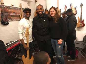 Left to right :Stanley Brown, Dwayne Wright and Fluency 34 owner/ host of Dwayne Wright’s bass clinic 5/19/18,Kristin Bidwell.