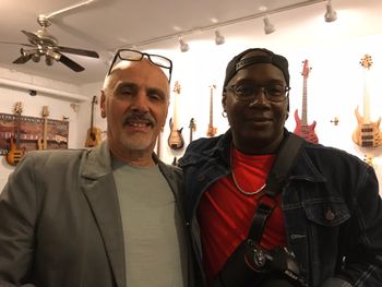Right to left:Legendary Bass guru & Dwayne Wright’s Master class teacher:David Beasley from New York Bass Works & Nick Epifani Owner of Epifani Custom Systems , co sponsored this Dwayne Wright bass clinic event held at co sponsor Kristin Bidwell’s bass shop, Fluency 34 on 5/19/18.