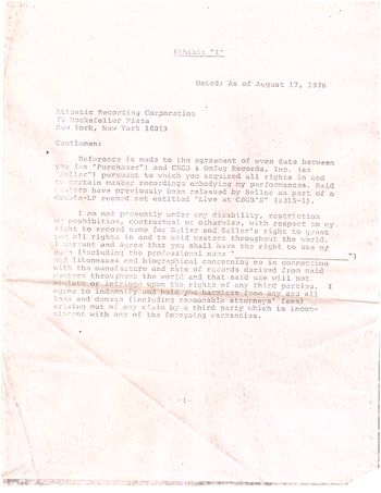Aliens/CBGB's/Atlantic contract for 2nd CBGB's dlb Live LP 1976. Aliens to be paid 5 cents per song per unit for 2 songs on LP