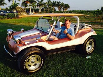 Joel going for a surf check in Gary Robert's dune buggy before the show st the Endless Summer Winery!