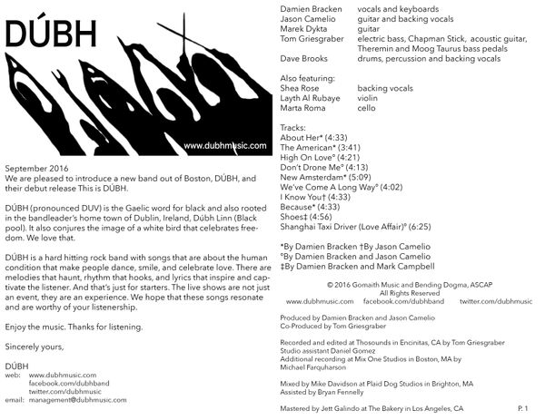 "This is DÚBH" liner notes and lyric booklet page 1.