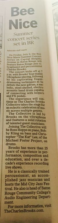 Sunday, July 3 - The Advocate Newspaper -- Charles Brooks, DMA to Headline the Bee Nice Music Concert Series Friday, July 8, from 7-9 p.m. Free and open to the public!