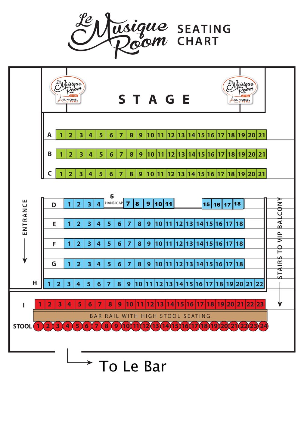 Bar rail row can be utilized with wheelchairs or chairs for matinees.