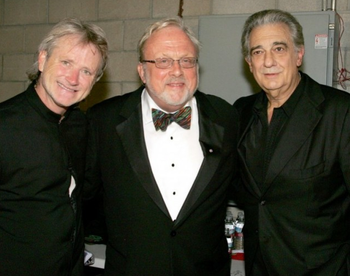 Carl St. Clair, conductor, William Bolcom, composer, Placido Domingo, tenor after premiere performance of Bolcom's Canciones de Lorca