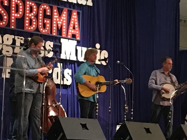 This is a live view. During harmony, the banjo player moves to the center mic, and the guitar player steps to his left (stage left). The main banjo instrument mic is over to the right side of this photo out of view. This photo will help give you an idea. Only the banjo player and guitar player change positions during harmony.
