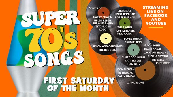 <b> FIRST SATURDAY OF THE MONTH
- 7pmET <B>
<i><b> Streaming Live on YouTube and Facebook <i><b>
Songs from the 1970's Top 40 Charts!
Songlist in the '60's / 70's' Tab at the top of this page.
<b><i> Scroll down to Show Listings for links <b><i>
