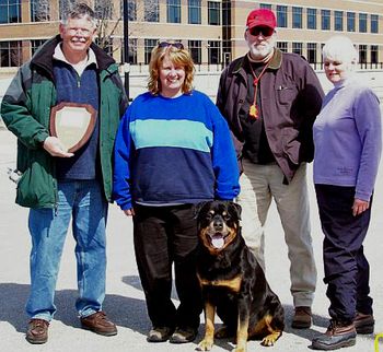 CH OTCH CT Phantom Wood Corydon Dreu, UDX5, TDX, VST, RN earning his VST at the Medallion Rottweiler Club Spring VST Test, making him the first CH OTCH CT in breed history. The judges were Steve Ripley and Wally O'Brien, with tracklayer Marilyn Blenz. Corydon is co-owned with Drew Randall, he was handled by me for the VST, and Drew and I both trained him for the title.