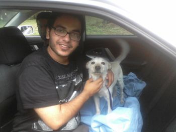 Here is Sasha with Abdul on the way to her new home. UPDATE: Lyndsay took her home when he couldn't keep her any longer, and Sasha is now with a new family in St. Augustine, FL.