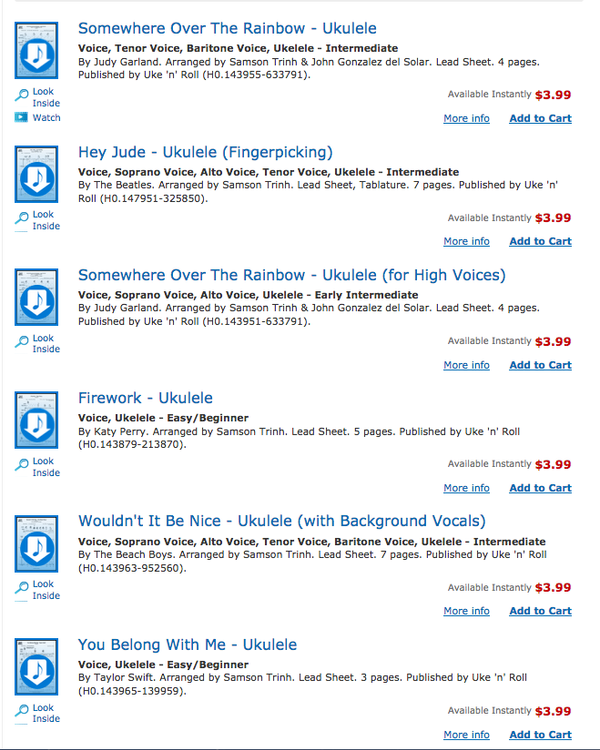 Ukulele, vocal and Orff arrangements of popular songs arranged by Samson Trinh & John Gonzalez del Solar. Digital downloaded sheet music files that can be viewed directly on your computer, mobile device and available to print. Includes instructional guides to strum it right, reading notes and TAB displayed in colors to coincide with Uke ’n’ Roll’s color-coded string set and PIMA fingerpicking. Features various strum grooves and fingerpicking patterns throughout the song to keep the patterns fresh and exciting. Appropriate for schools and students in 3rd-5th grade music class and 6th-12th grade chorus.