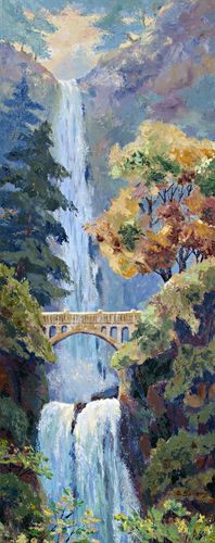 "Multnomah Falls" is another palette knife painting that was commissioned by the Portland City Grill in downtown Portland, Oregon. The original is 5' tall by 2' wide. 3' or taller texture enhanced prints are available stretched and ready to hang or frame.