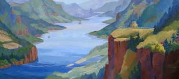 2.5' x 4' palette knife painting of the Vista House overlooking the expanse into eastern Washington on the left, and eastern Oregon on the right with all of the dramatic cliffs that were carved by the Missoula Flood during the end of the last ice age. Sold No prints