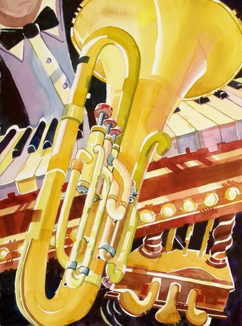 "Jazz NIght" Brass horns reflect the light and add to the feeling a night on the town. Rhythm is in the air! This was done from a drawing at Lake Music in Lakegrove, Oregon. All three of these musical paintings were purchased by a professional photographer for his music studio. Sold. Prints only. 22"x30"