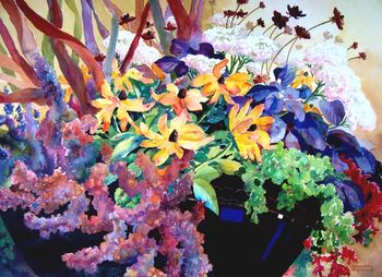 "Fall Bowl" has to do with my love for flowers. Our yard has one of each, it seems. This fall bowl was painted on location at a nursery in town. Original 30"x22" is available, as well as prints.