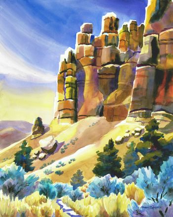"Clarno Unit, John Day National Fossil Beds. We were National Park artists one summer and painted in all of the units in the park: Painted Hills, Clarno, and Sheep Rock. While painting the Clarno Unit, a coyote was howling in the distance. Each hour the coyote was getting closer and closer! We had to leave and go back to the house the Park Service rented for us since the temperature rose to 106 degrees by 12:30pm.!