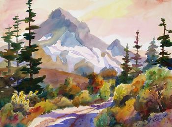This painting was done from Lolo Pass on the way to Lost Lake. Mt. Hood feels very close from this location out of Zigzag, OR. Turn left at the ranger station. There were 7 of us painting that day. "Mt Hood from Lolo Pass", 22"x30" Original sold. Prints available.