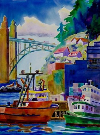 "Yaquina Bay" 22 x 30 inches, prints only, any size. This was painted on the shoreline overlooking the bay with the Newport Bridge in the background. Yaquina Bay is a busy port with lots of fresh seafood restaurants nearby. Our favorite is Local Ocean right across the street from our painting location. They were kind enough to let us use their facilities. Of course, we had dinner there at the end of the day. Sold. Prints only.