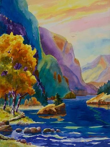"Columbia River Gorge from Viento State Park, Oregon" 22 x 30 inches. Viento is a state park. Since the train blasts throught there at all times of the day and night, it's not one of the more popular places to camp. It is a perfect painting spot with a flat beach right on the the river. This view looks west. Sold. Prints only.