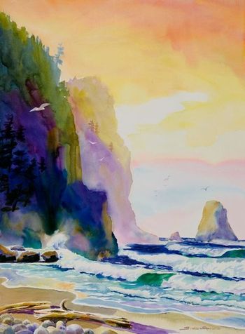 "Cape Meares" 22 x 30 inches. The coast winds were not blowing the day that we were painting here. Thanks to an unusually calm wind day we were able to paint right out on the rounded rocks that line the beach. Bay Ocean City us to be nearby, but it washed into the ocean when the north jetty of Tillamook Bay was put in. The addition of the south jetty caused the sand to fill back in stabilizing the areas beautiful beach. Sold. Prints only.