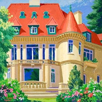2' x 2' pallette knife acrylic painting of the Pittock Mansion in summer dress. This beautiful old family home located in the forested hills above Portland has a view of Mt. Hood, Mt. St. Helens, and the whole Portland city and industrial area. Sold No prints