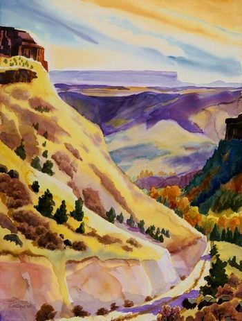 "Old Road to Warm Springs" 22"x30" was painted in the afternoon on a fall day that started out quite cold. We had our hot tea with us, though. We got up at 4am to drive to this location in Central Oregon from Portland. Painted all day here. This view looks east. The scenery is so dramatic with layers of dark rock on the tops of the hills. The mesas stretch into the distance. Sold. Prints only.