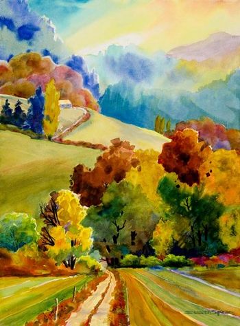 "View from Laurel Ridge" 22 x 30 inches, prints only, any size. Laurel Ridge is a winery close to Hwy 240 out of Newberg, Oregon near Carlton. They let us paint here on a rainy day because they have wonderful covered porch. These people are gracious hosts and their wine is good, too. Sold. Prints only.