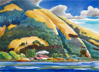 Bingen, Washington Hills. 22" x 30". The painting was painted from the Windsurfing site on the Oregon side of the Columbia River. We painted on a day without wind.