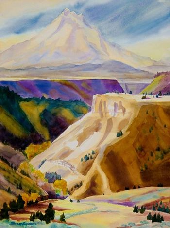 "Mt. Jefferson from Warm Springs" 22 x 30 is a beautiful location with the mesas leading into the foothills surrounding the Mt. Jefferson wilderness area in central Oregon. This view looks east and was painted in the morning light. Big chunks of black volcanic rock covered the ground along with junipers and rabbit brush. Sold. Prints only.