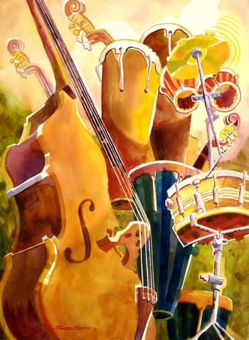 "Rhythm and Blues" Drums and the bass viola dominate this painting. We draw at Tigard Music every winter. Ron, the proprietor always treats us to lunch afterwards. 22"x30" Sold. Prints only.
