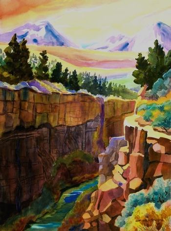 "Crooked River Gorge" 22 x 30 inches. The shear sides of the gorge are sliced through the desert landscape. Below flows the green of the river. Junipers dot the far plain. Volcanos Faith, Hope, and Charity, the Three Sisters of Central Oregon can be seen in the background. One side of the Gorge is a straight drop off, while the other is large crumbled boulders forming more of a slope. If you've been to Ogden Wayside you've seen this view! Prints only.