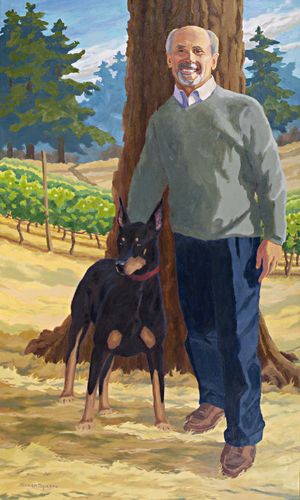 This is a 3' x 5' portrait of Bernard LaCroute and his dog, Marco at Willakenzie Vineyard. 3 mock ups were done in watercolor until the 3rd design met with his approval. Then we proceded with the big one. After a few touchups the portrait was ready to hang in his home at the Vineyard.