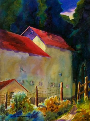 "Fred Luscher Barn" 22 x 30 inches was featured in a recent Portland Tribune article. The barn was being blown apart by the fierce winds of the Gorge. Fortunately, we painted it before any damage had been done. This barn along with it's out buildings backed by the steep timbered cliffs of the Columbia Gorge makes a statement about the lives of the rugged pioneers who settled the area. Sold. Prints only.