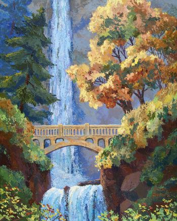 2.5' x 2' palette knife painting of one of the most visited waterfalls in the Columbia Gorge, Multonomah Falls. Sold No prints