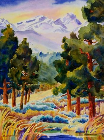 "Deer Trail to Broken Top" 22 x 30 inches. The waters of a small pond mean survival in a dry area for many animals. The red barked Ponderosas provide a spark of color against the green of the needles. South Sister, Broken Top, and Middle Sister were crystal clear in the high desert sun. I slight wind sighed throughout the day as we painted. Prints only.