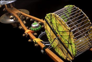 “Sonic Stroller” orthopedic crutch, deer skin, nylon cord, bells, hamster cage, wheels, cheese cutter, pot cover, metal speaker holder and battery operated movement initiated lights in hamster cage.