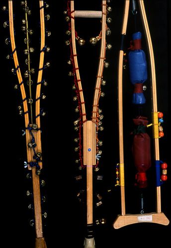 ”Three Crepuscular Stamping Sticks,“ orthopedic crutch, bells, small chimes, leather, beads, springs, rubber, stainless steel rods, copper, bras, pine and maple woods.