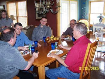 Pastor Jim McComas(back), Dr. David Crowe, Lukas Phillips, Wade Spencer, and Ernie having lunch at Wade and Theresa Spencer's house April 25. What a meal.
