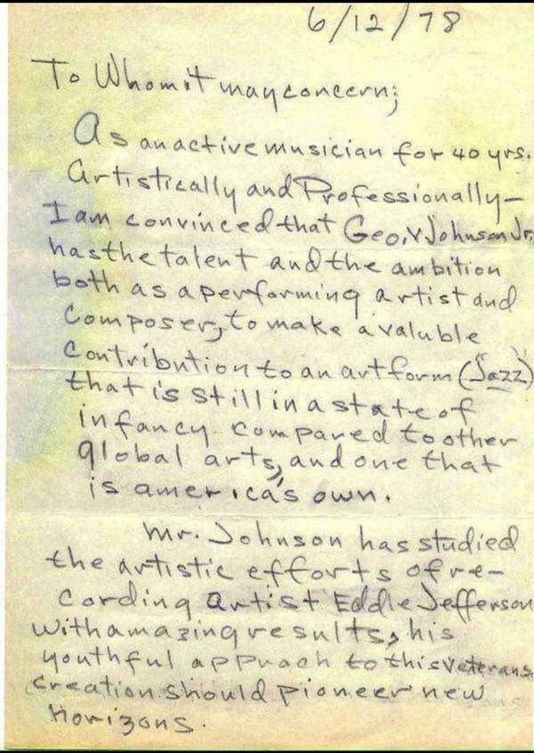1978 (NEA) National Endowment of the Arts Letter of recommendation written by John Malachi for George V Johnson Jr to receive a grant to write the first jazz opera featuring the music of Charlie Parker.